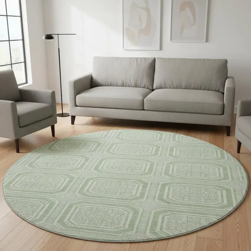 8' X 8' Mint Green And Ivory Geometric Washable Round Rug With UV Protection Photo 2