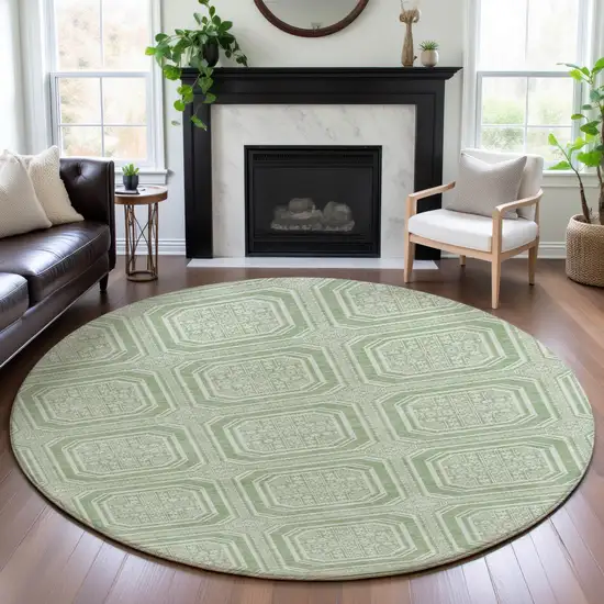 8' X 8' Mint Green And Ivory Geometric Washable Round Rug With UV Protection Photo 4