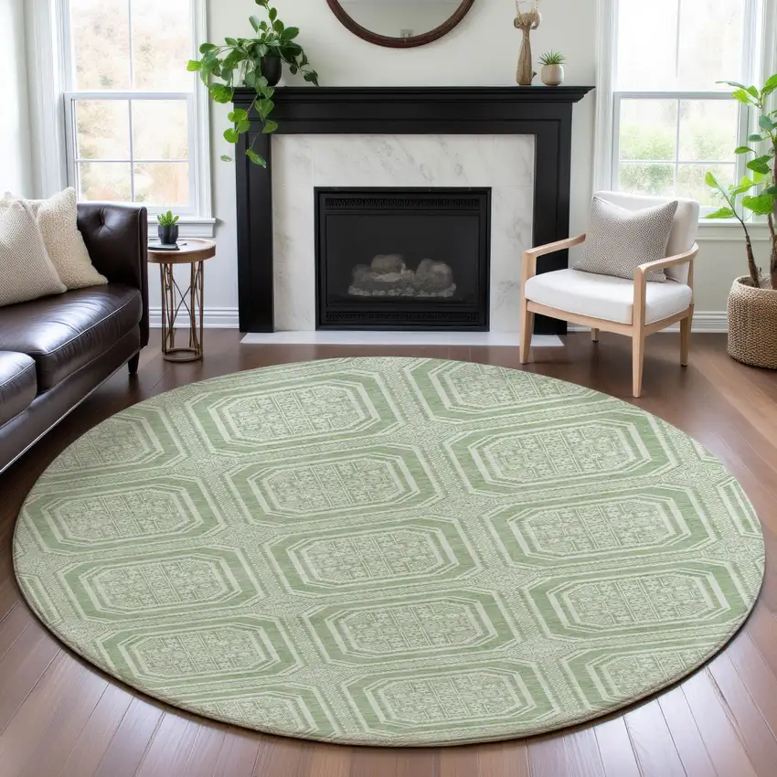 8' X 8' Mint Green And Ivory Geometric Washable Round Rug With UV Protection Photo 4