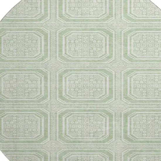 8' X 8' Mint Green And Ivory Geometric Washable Round Rug With UV Protection Photo 2