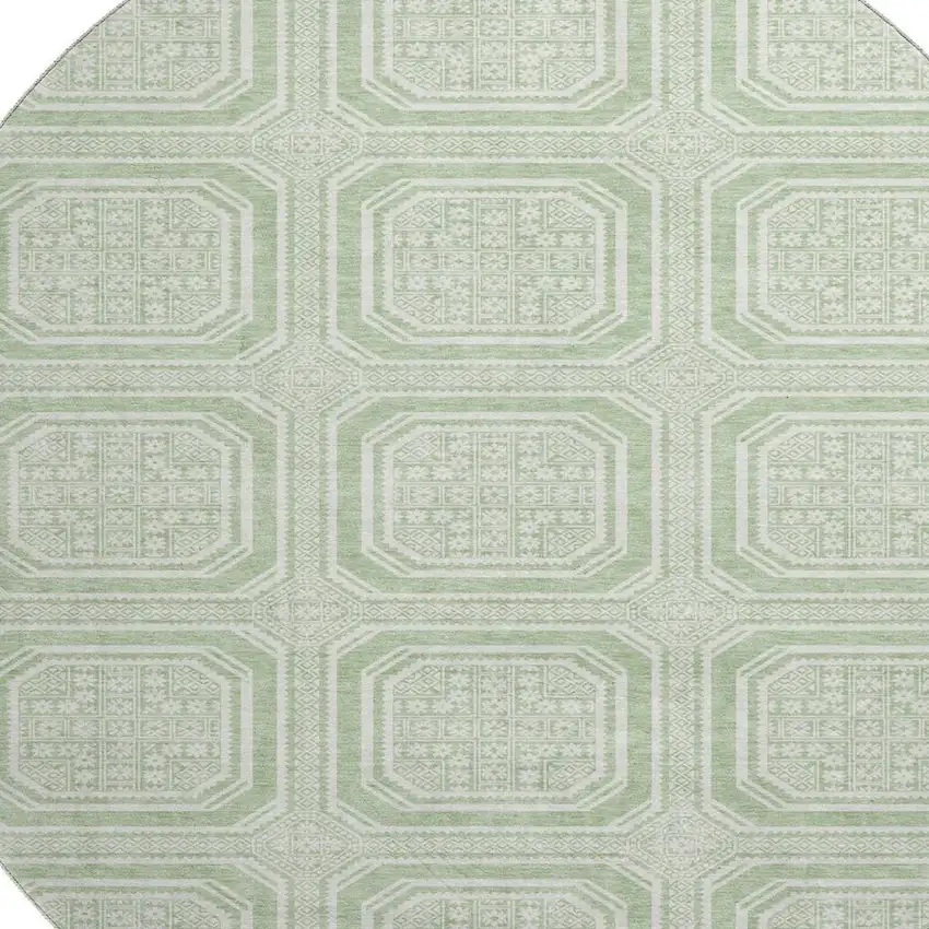 8' X 8' Mint Green And Ivory Geometric Washable Round Rug With UV Protection Photo 2