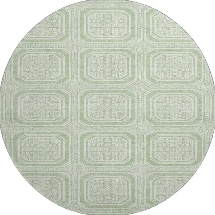 8' X 8' Mint Green And Ivory Geometric Washable Round Rug With UV Protection Photo 3