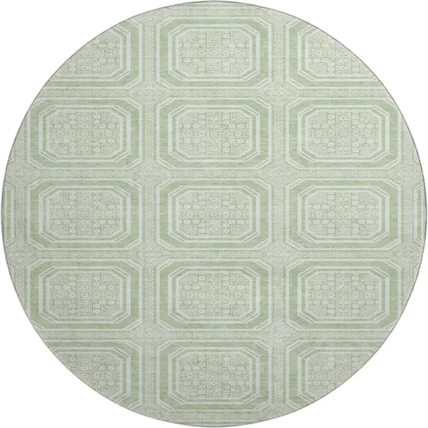 8' X 8' Mint Green And Ivory Geometric Washable Round Rug With UV Protection Photo 1