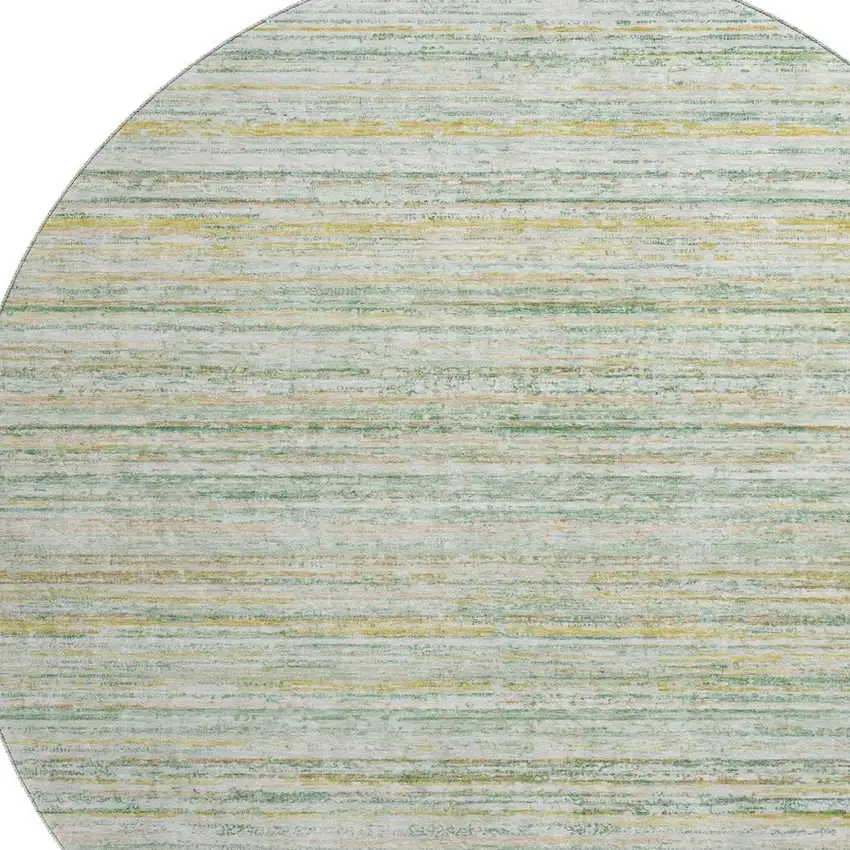 8' X 8' Mint Green Ivory And Gold Striped Washable Round Rug With UV Protection Photo 2