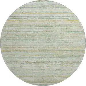 Photo of 8' X 8' Mint Green Ivory And Gold Striped Washable Round Rug With UV Protection