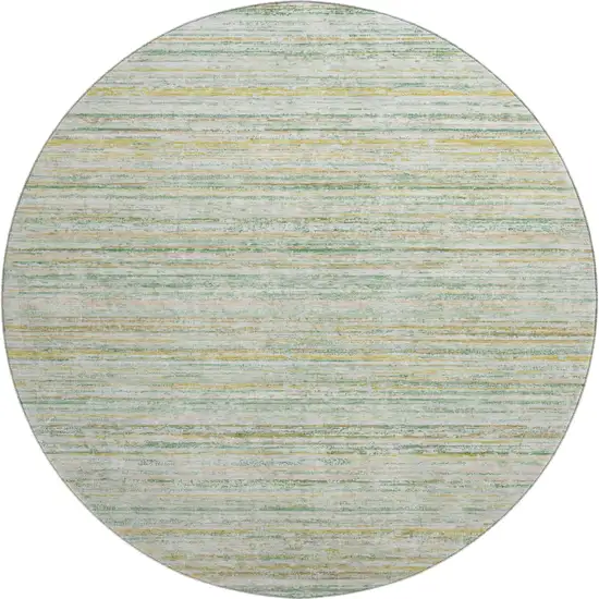 8' X 8' Mint Green Ivory And Gold Striped Washable Round Rug With UV Protection Photo 1