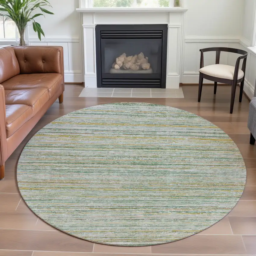 8' X 8' Mint Green Ivory And Gold Striped Washable Round Rug With UV Protection Photo 4