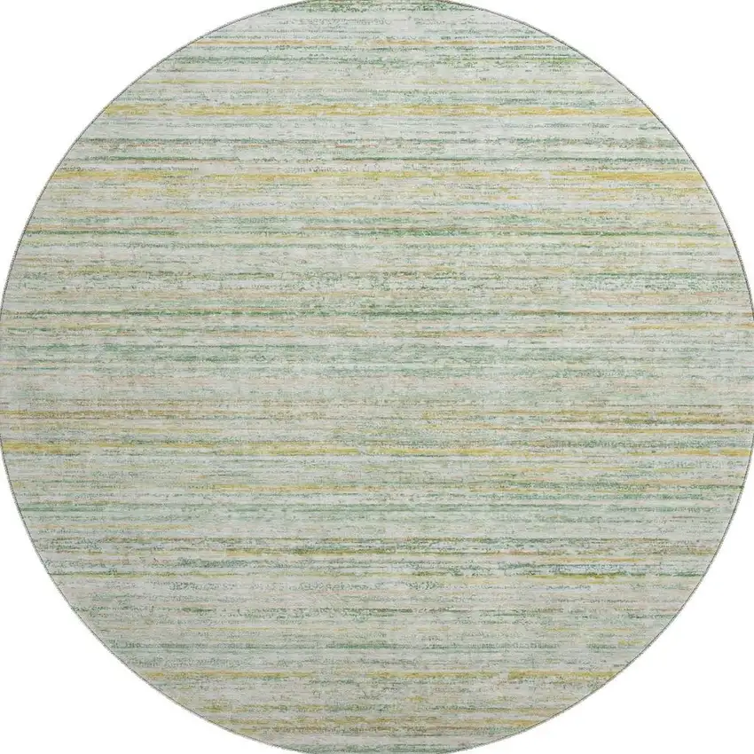 8' X 8' Mint Green Ivory And Gold Striped Washable Round Rug With UV Protection Photo 3