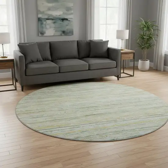 8' X 8' Mint Green Ivory And Gold Striped Washable Round Rug With UV Protection Photo 2