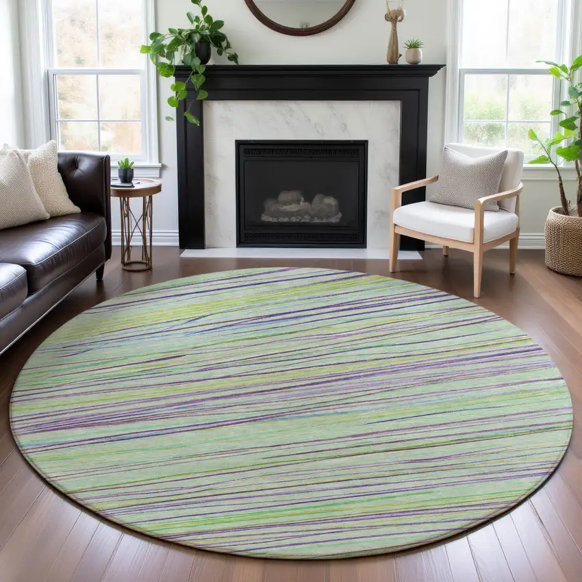 8' X 8' Mint Green Lavender And Lime Green Striped Washable Round Rug With UV Protection Photo 4