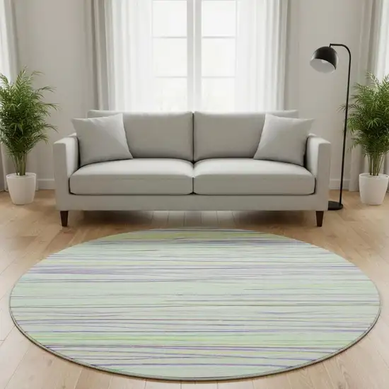 8' X 8' Mint Green Lavender And Lime Green Striped Washable Round Rug With UV Protection Photo 2