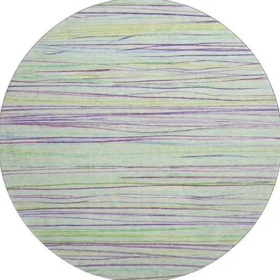 8' X 8' Mint Green Lavender And Lime Green Striped Washable Round Rug With UV Protection Photo 3