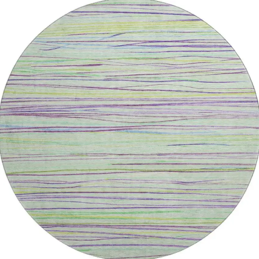 8' X 8' Mint Green Lavender And Lime Green Striped Washable Round Rug With UV Protection Photo 3