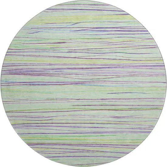 8' X 8' Mint Green Lavender And Lime Green Striped Washable Round Rug With UV Protection Photo 1