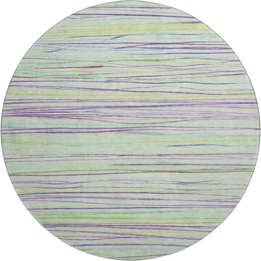 8' X 8' Mint Green Lavender And Lime Green Striped Washable Round Rug With UV Protection Photo 1