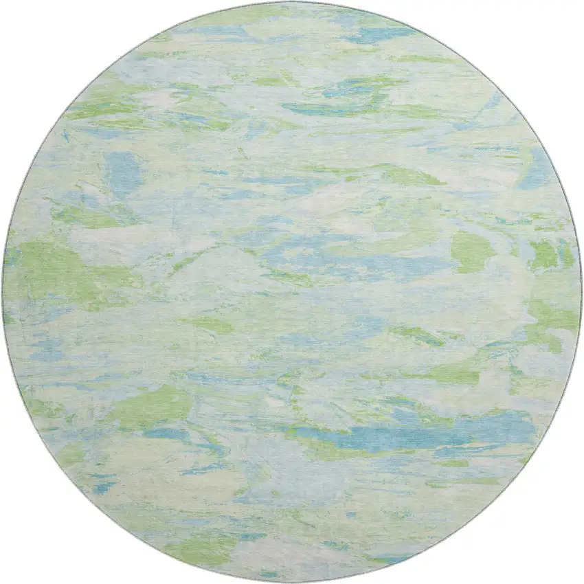 8' X 8' Mint Green Sky Blue And Ivory Abstract Washable Round Rug With UV Protection Photo 1