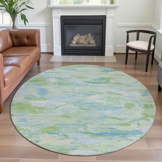 8' X 8' Mint Green Sky Blue And Ivory Abstract Washable Round Rug With UV Protection Photo 4