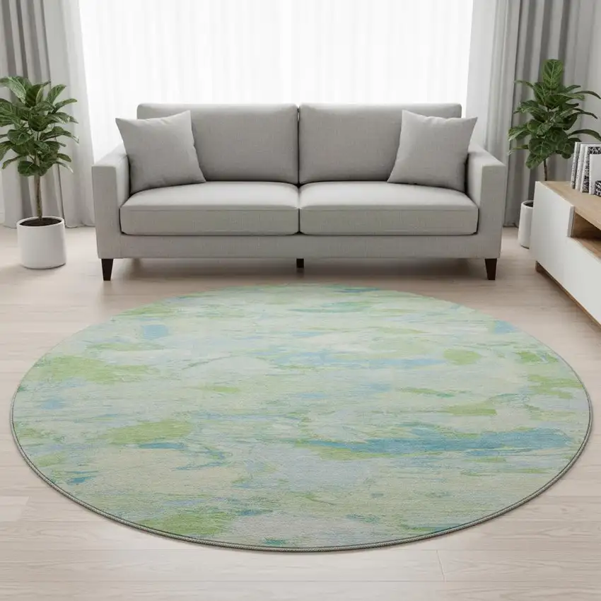 8' X 8' Mint Green Sky Blue And Ivory Abstract Washable Round Rug With UV Protection Photo 2