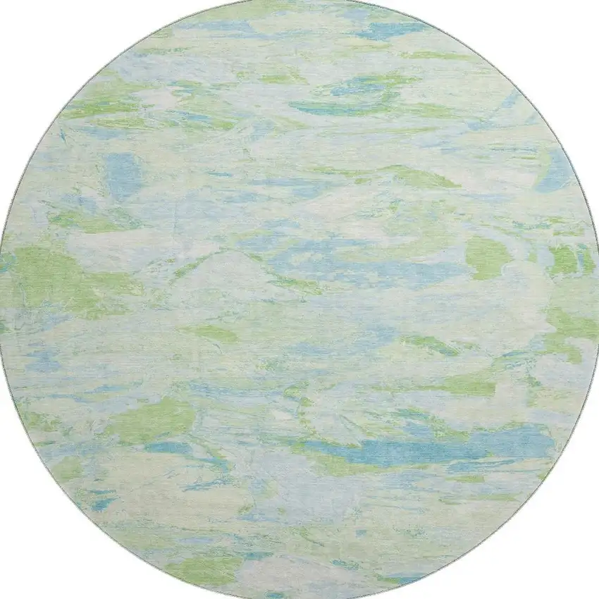 8' X 8' Mint Green Sky Blue And Ivory Abstract Washable Round Rug With UV Protection Photo 2