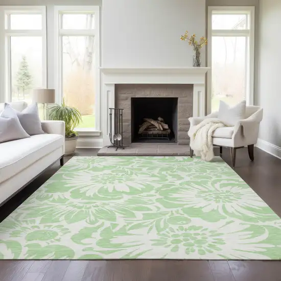 Mint Green and Ivory Floral Washable Non Skid Indoor Outdoor Area Rug Photo 9