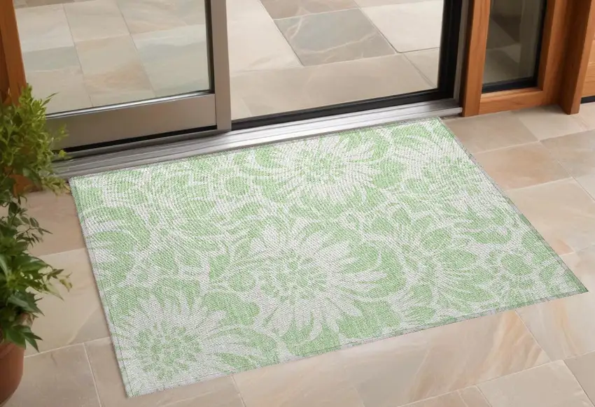 Mint Green and Ivory Floral Washable Non Skid Indoor Outdoor Area Rug Photo 1