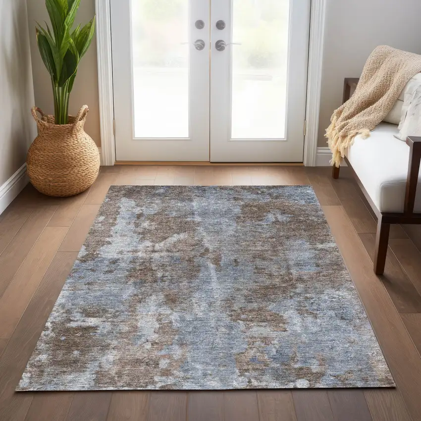 Mocha and Blue Abstract Washable Non Skid Indoor Outdoor Area Rug Photo 9