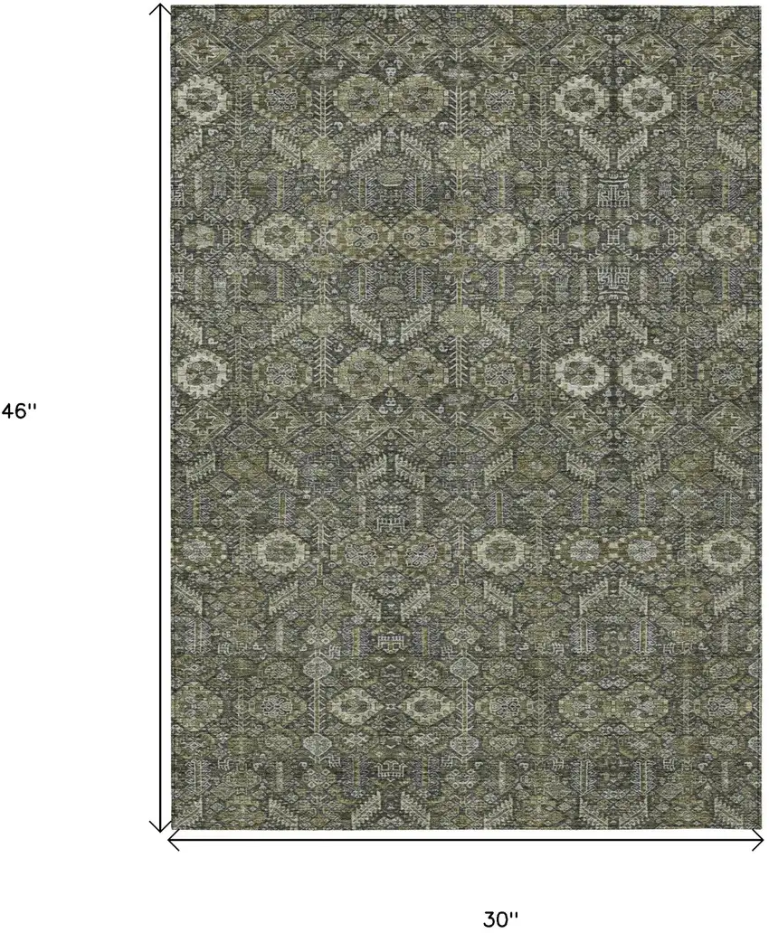 3' X 4' Moss Green and Gray Floral Washable Non Skid Indoor Outdoor Area Rug Photo 3