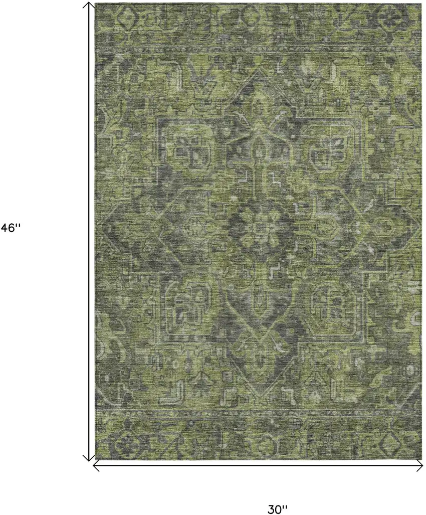 3' X 4' Moss Green and Gray Oriental Washable Non Skid Indoor Outdoor Area Rug Photo 3