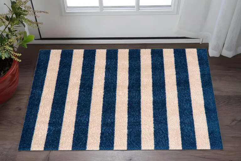2' X 3' Navy And Sand Striped Tufted Washable Non Skid Area Rug Photo 5