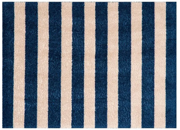 2' X 3' Navy And Sand Striped Tufted Washable Non Skid Area Rug Photo 1