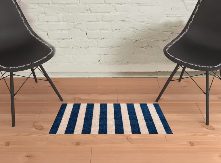 2' X 3' Navy And Sand Striped Tufted Washable Non Skid Area Rug Photo 2