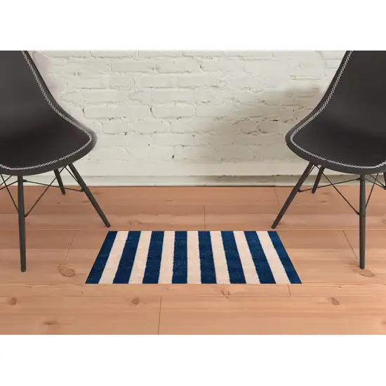 2' X 3' Navy And Sand Striped Tufted Washable Non Skid Area Rug Photo 2