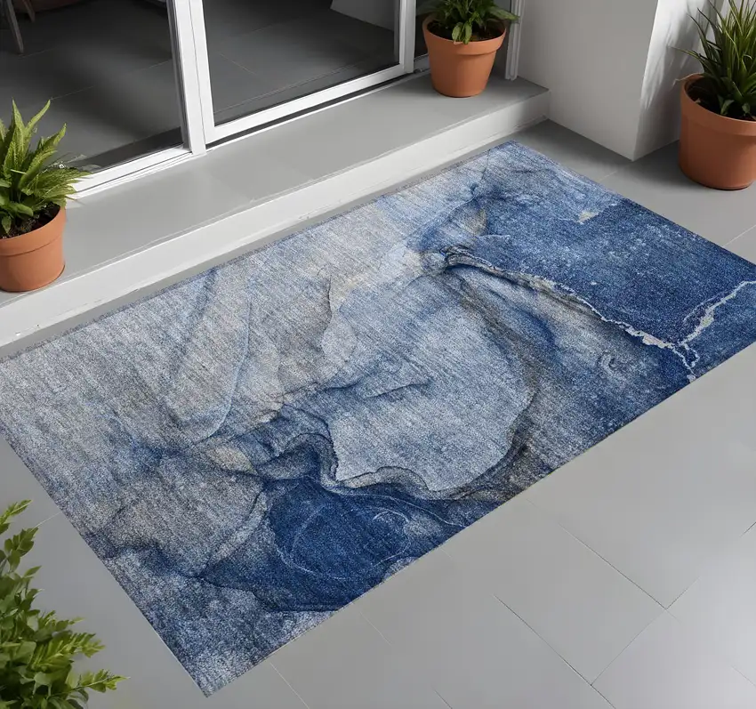3' X 4' Navy Blue Abstract Washable Non Skid Indoor Outdoor Area Rug Photo 1