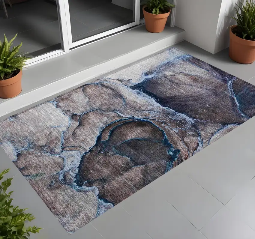 Navy Blue Abstract Washable Non Skid Indoor Outdoor Area Rug Photo 2