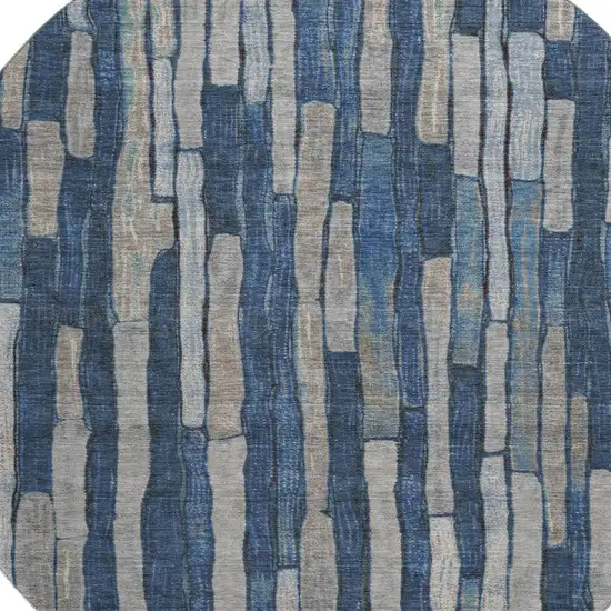 8' X 8' Navy Blue And Gray Striped Washable Round Rug With UV Protection Photo 2