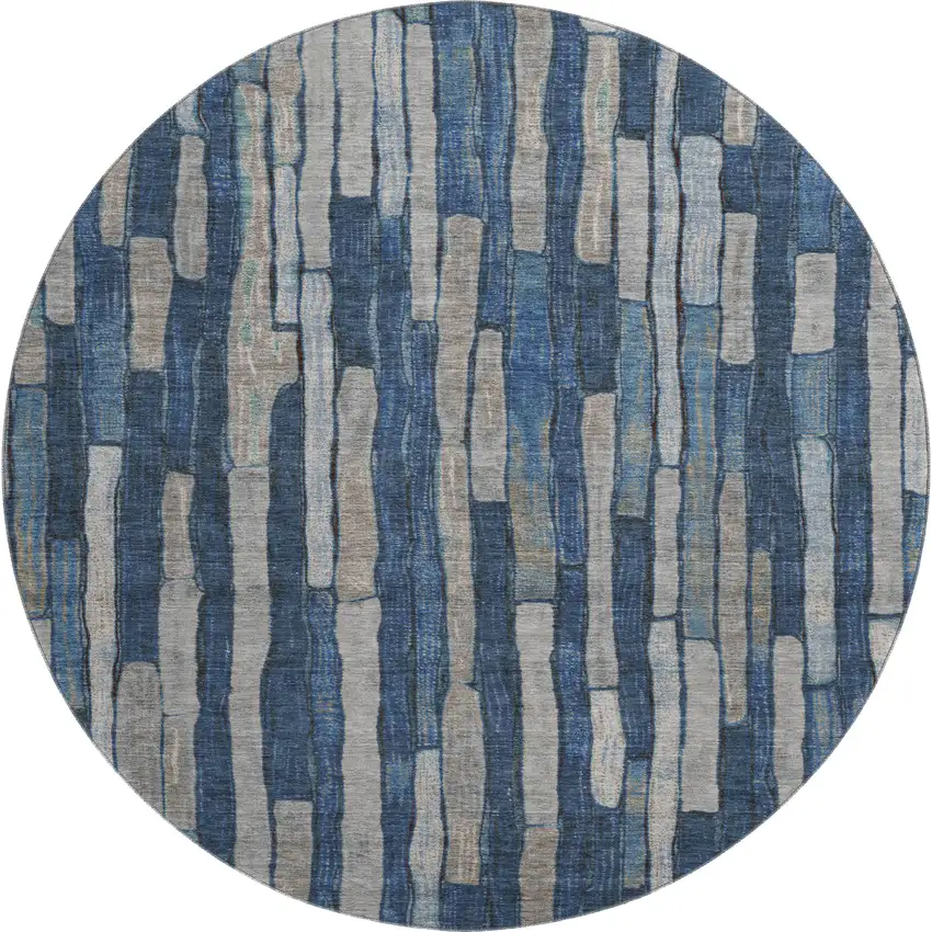 8' X 8' Navy Blue And Gray Striped Washable Round Rug With UV Protection Photo 1