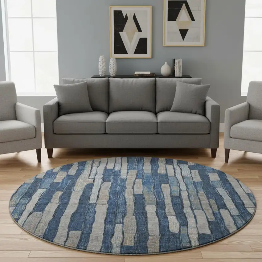 8' X 8' Navy Blue And Gray Striped Washable Round Rug With UV Protection Photo 2