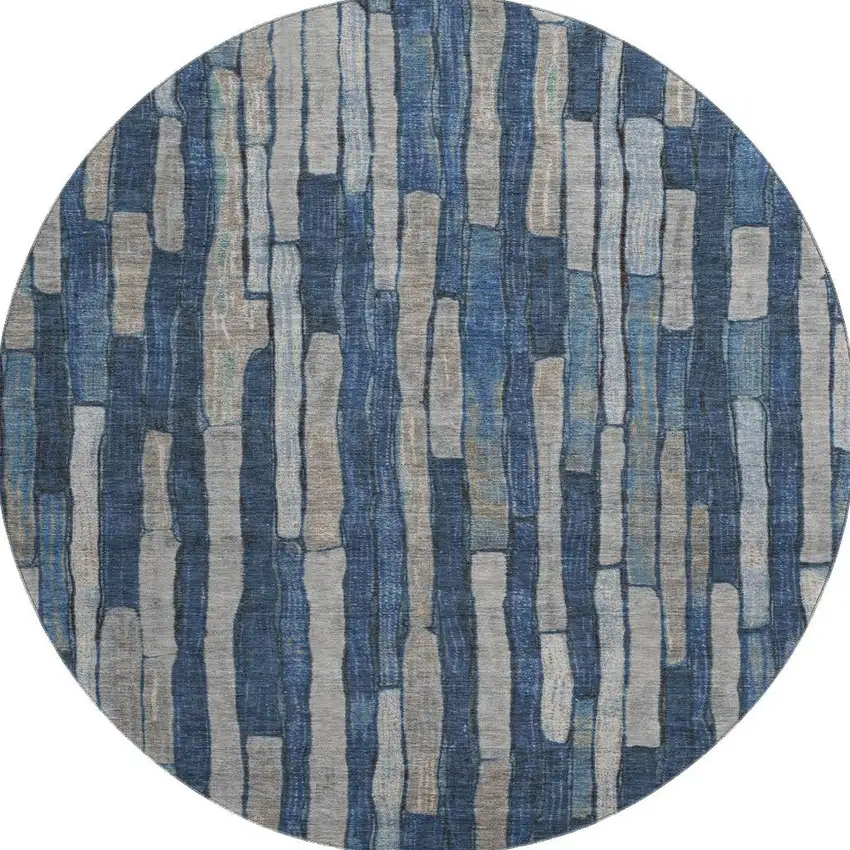 8' X 8' Navy Blue And Gray Striped Washable Round Rug With UV Protection Photo 3