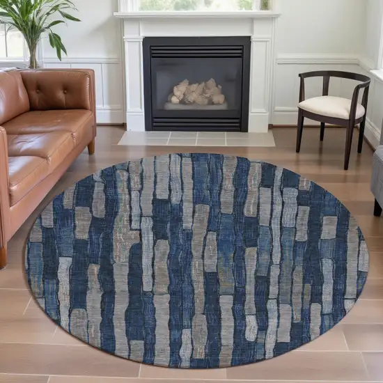 8' X 8' Navy Blue And Gray Striped Washable Round Rug With UV Protection Photo 4
