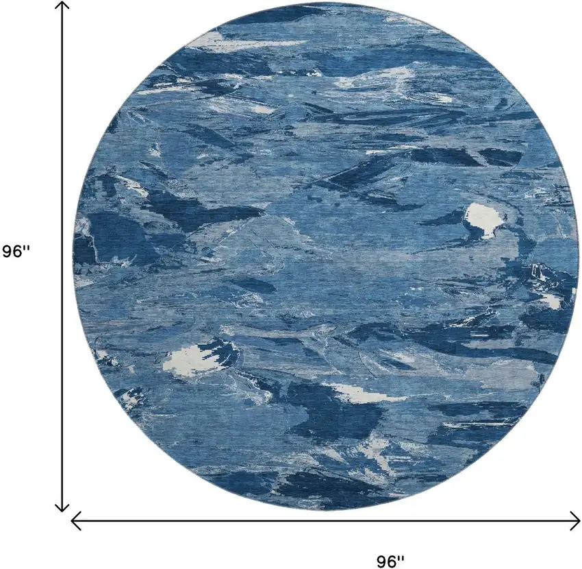 8' X 8' Navy Blue And Ivory Abstract Washable Round Rug With UV Protection Photo 9