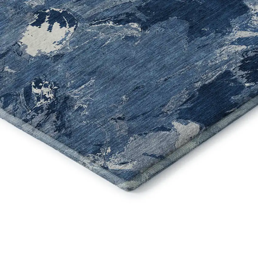 8' X 8' Navy Blue And Ivory Abstract Washable Round Rug With UV Protection Photo 6