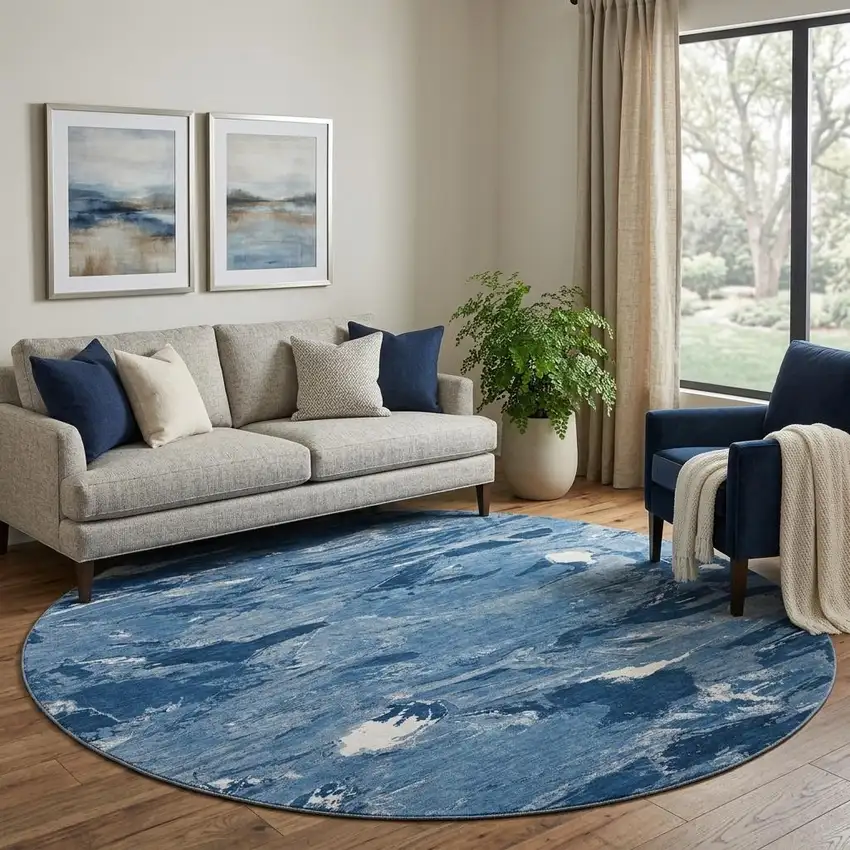 8' X 8' Navy Blue And Ivory Abstract Washable Round Rug With UV Protection Photo 1