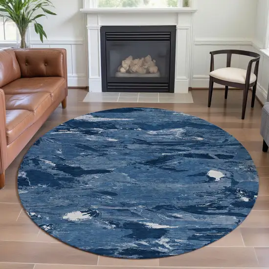 8' X 8' Navy Blue And Ivory Abstract Washable Round Rug With UV Protection Photo 4