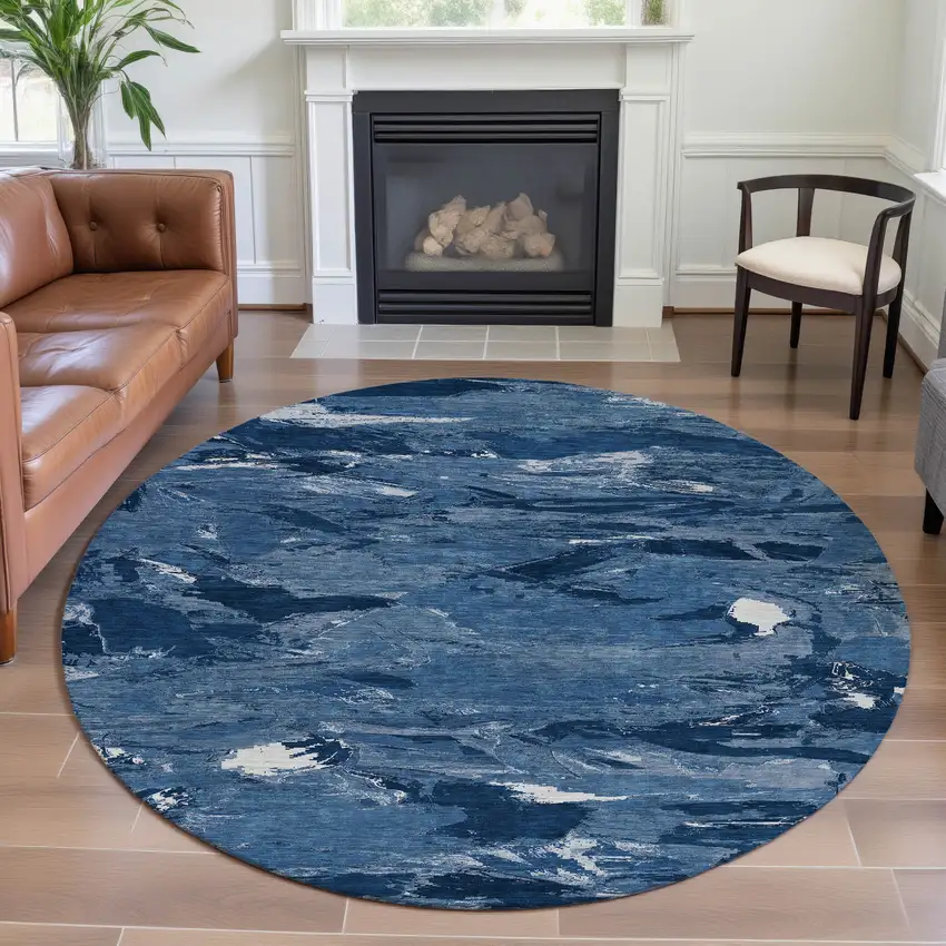 8' X 8' Navy Blue And Ivory Abstract Washable Round Rug With UV Protection Photo 4