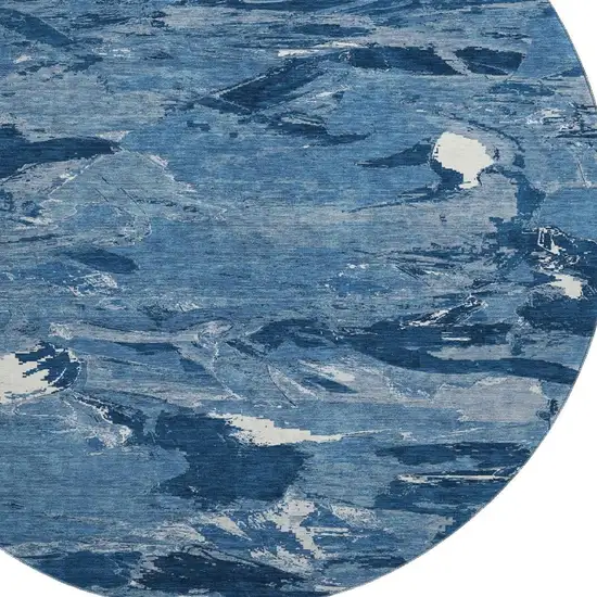 8' X 8' Navy Blue And Ivory Abstract Washable Round Rug With UV Protection Photo 2