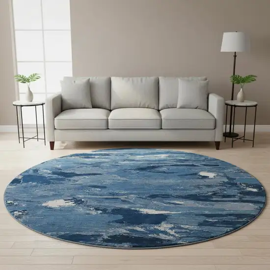 8' X 8' Navy Blue And Ivory Abstract Washable Round Rug With UV Protection Photo 2