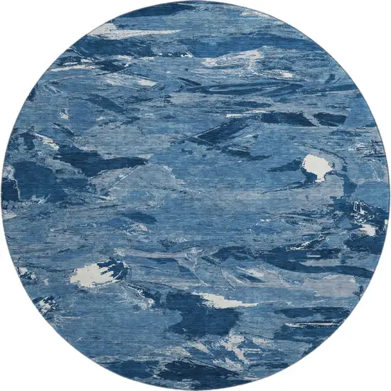 8' X 8' Navy Blue And Ivory Abstract Washable Round Rug With UV Protection Photo 1