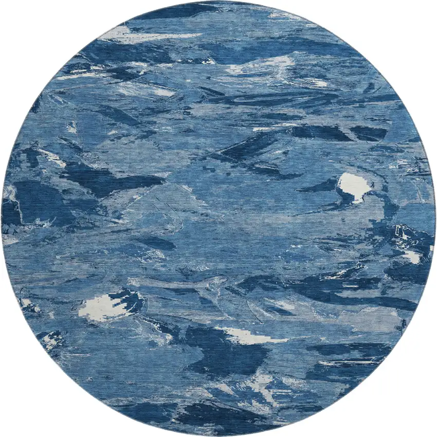 8' X 8' Navy Blue And Ivory Abstract Washable Round Rug With UV Protection Photo 1