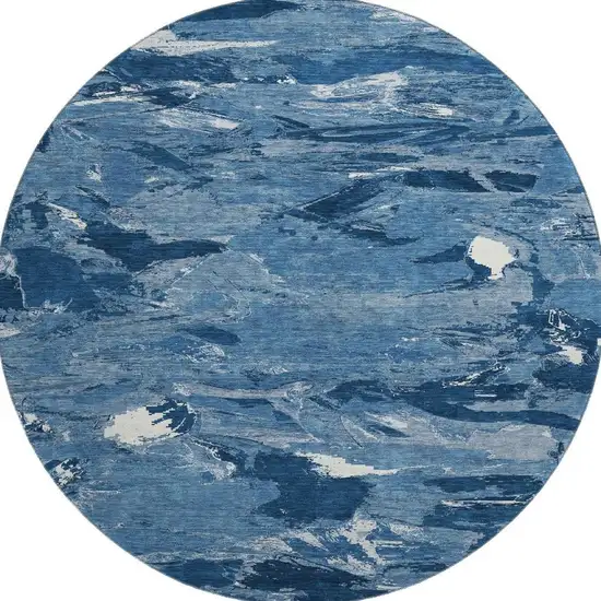 8' X 8' Navy Blue And Ivory Abstract Washable Round Rug With UV Protection Photo 3