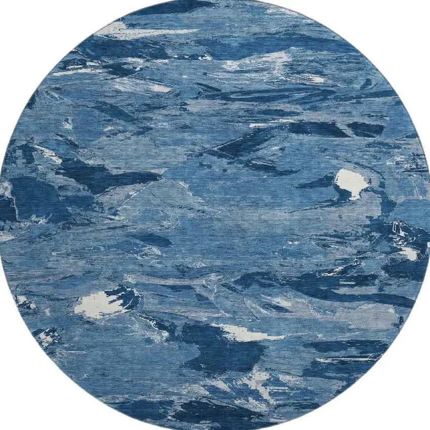 8' X 8' Navy Blue And Ivory Abstract Washable Round Rug With UV Protection Photo 3